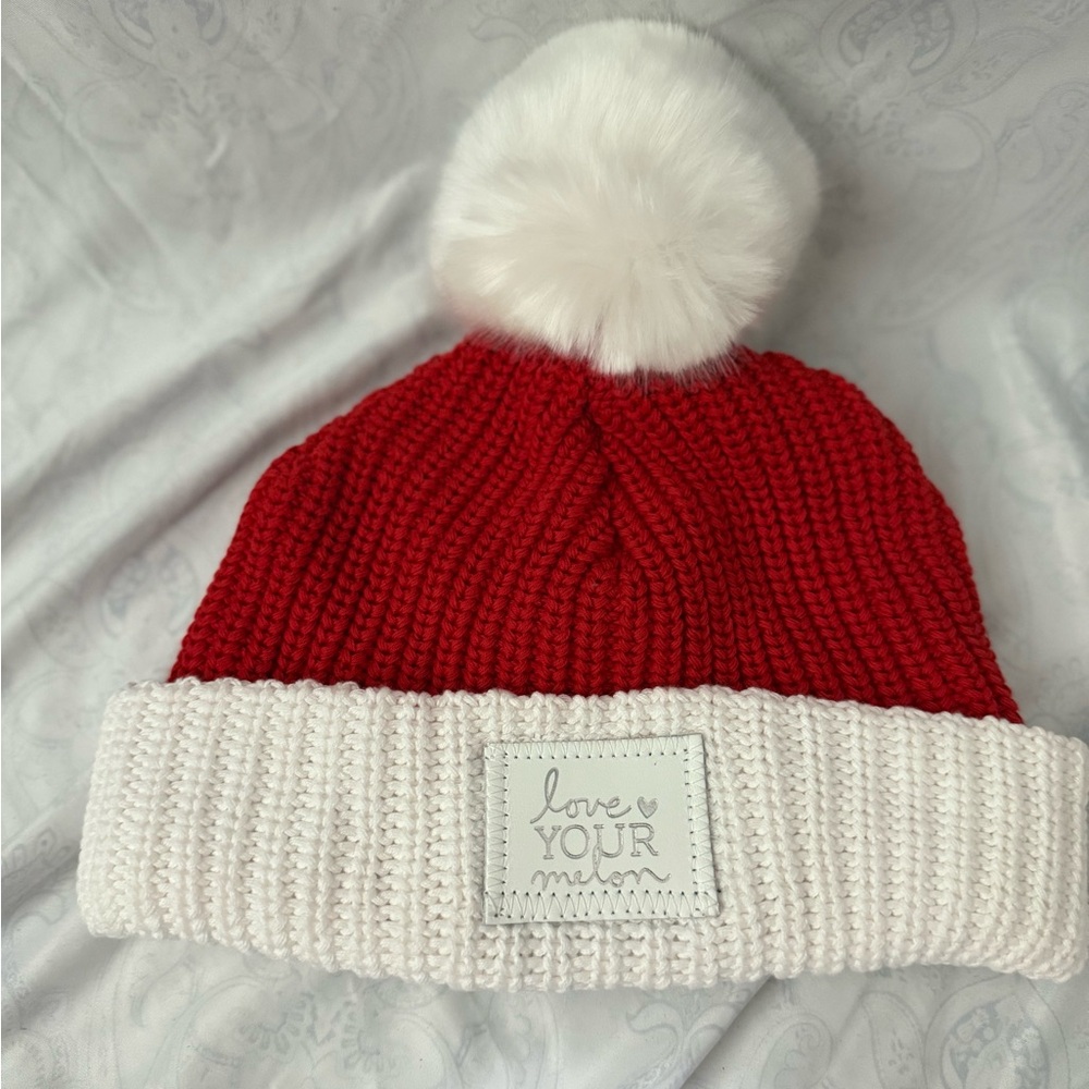 Love Your Melon Red and White Pom-Pom Beanie